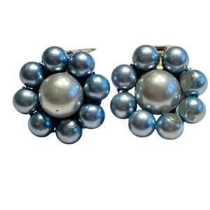 Clip on earrings vintage mid century light blue bead clusters classic dressy
